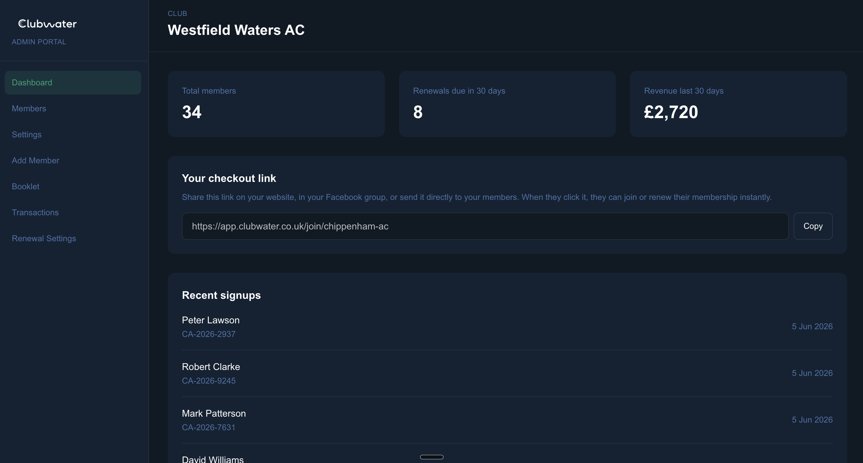 Clubwater admin dashboard